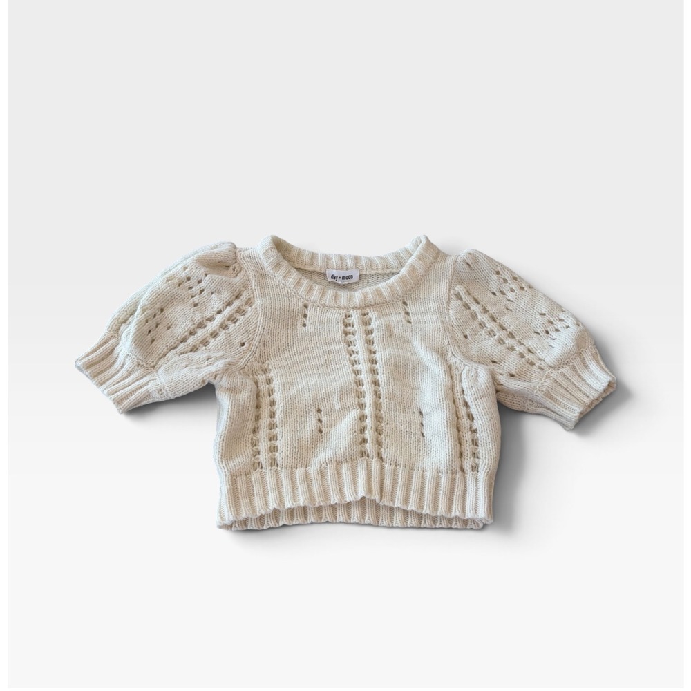Day + Moon Womens Short Sleeve Puff Sleeve Pointelle Knit Cropped Sweater Med